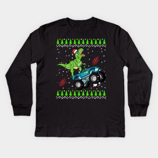 T Rex Monster Trucks Boys and Girls Santa Saurus Christmas Kids Boys Men Ugly Sweater Kids Long Sleeve T-Shirt